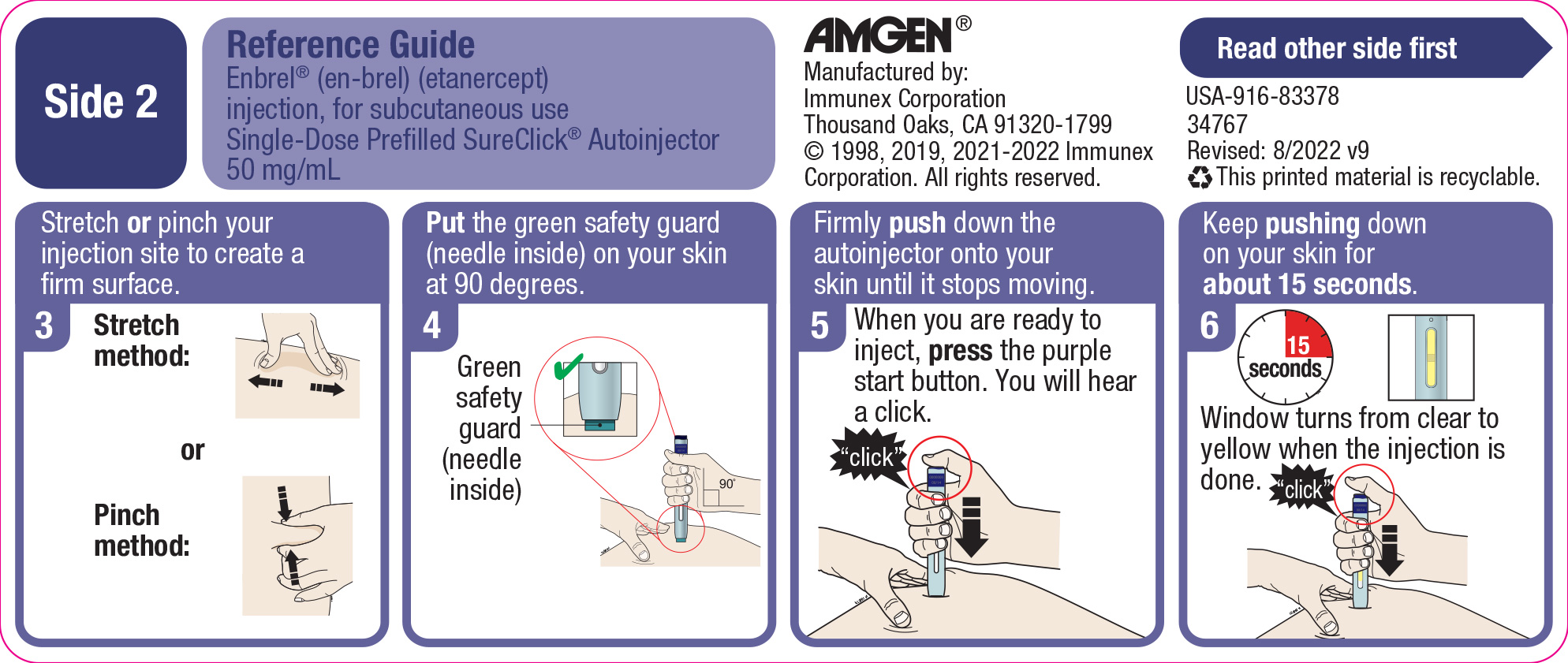 Side 2 of the SureClick® Autoinjector quick reference guide with continued injection instructions.
Please read all instructions in carton before use